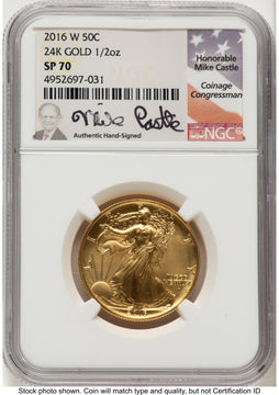 2016-W 50C Walking Liberty 100th Anniversary Gold Centennial Mike Castle NGC MS70