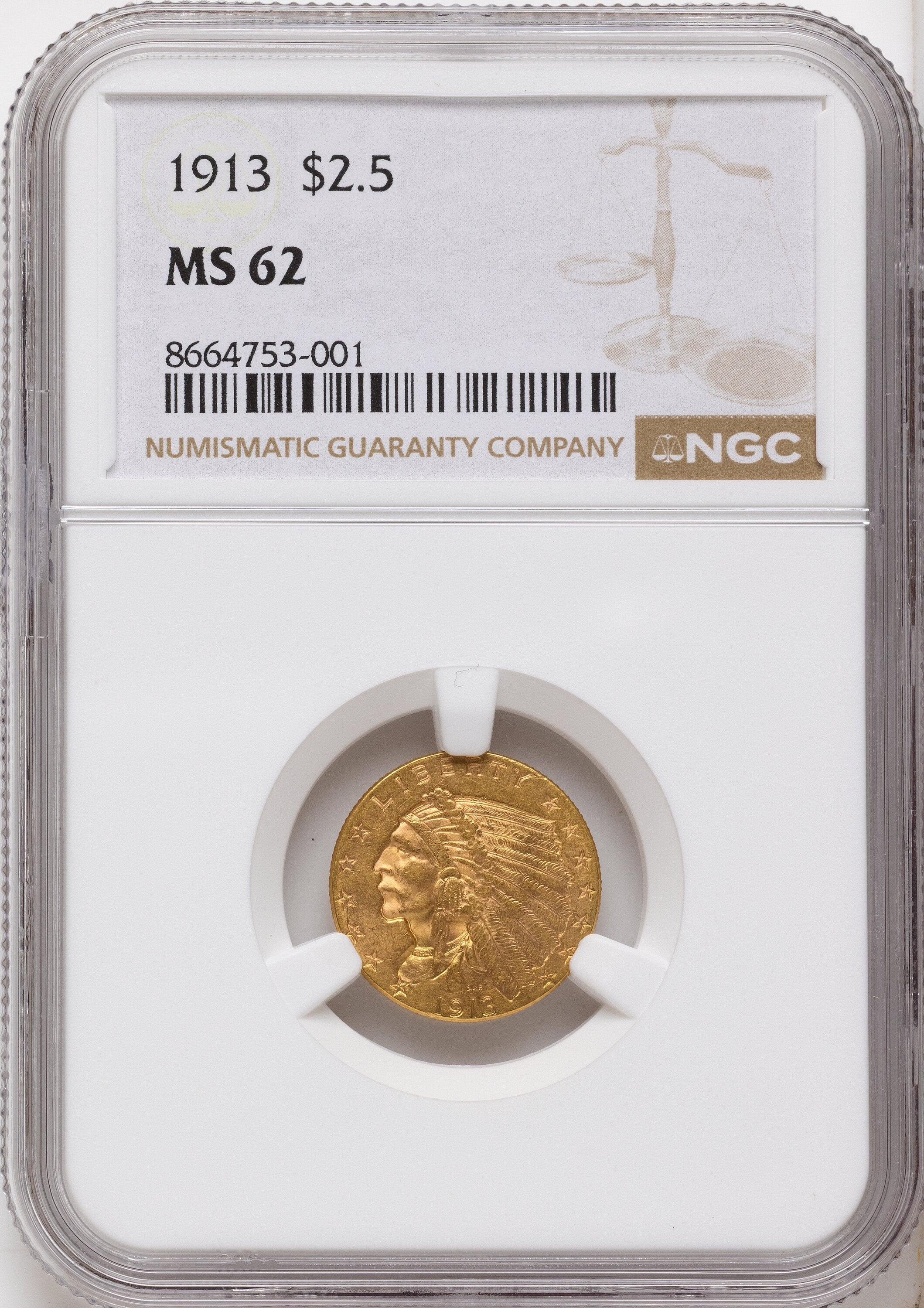 1913 $2.50 Indian Quarter Eagle NGC MS62
