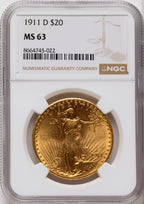 1911-D $20 Saint-Gaudens Double Eagle NGC MS63