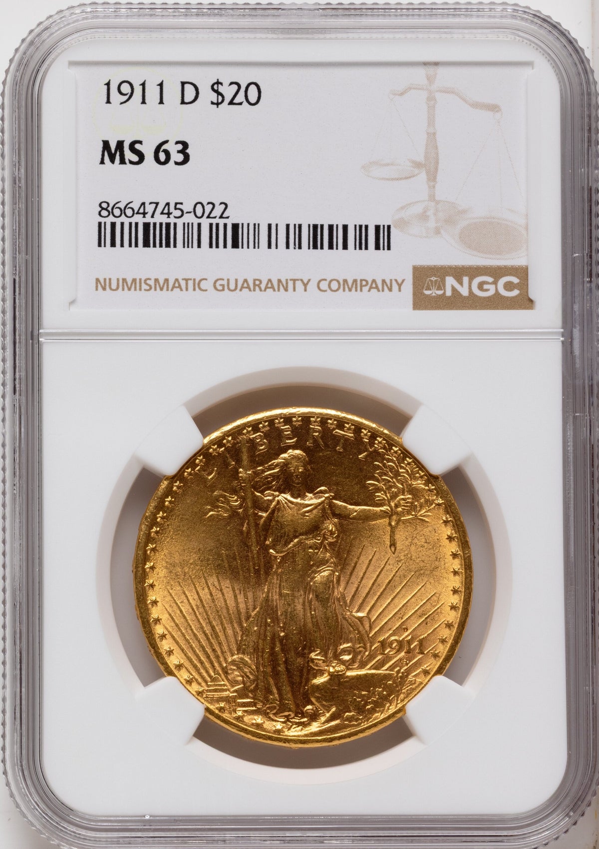 1911-D $20 Saint-Gaudens Double Eagle NGC MS63