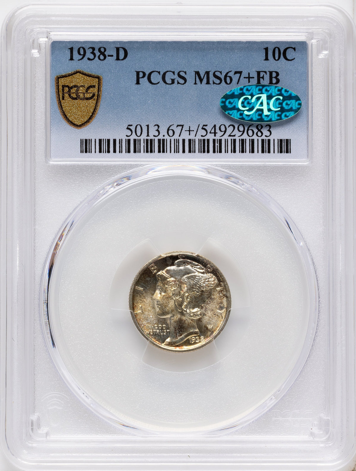 1938-D 10C FB CAC Mercury Dime PCGS MS67+