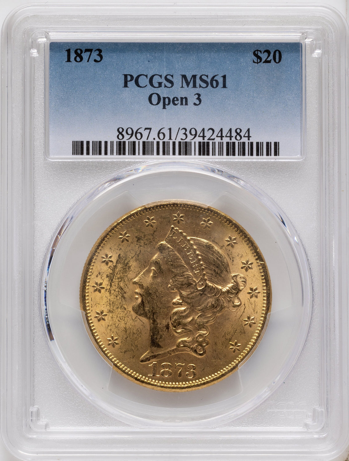 1873 $20 OPEN 3 Blue Gradient Liberty Double Eagle PCGS MS61