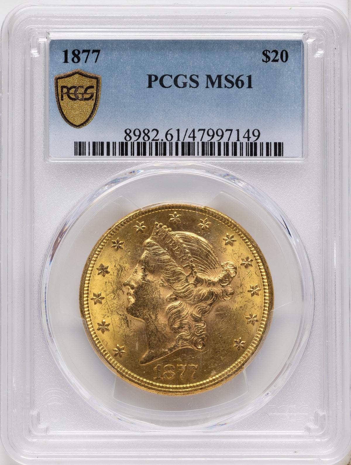 1877 $20 Blue Gradient Liberty Double Eagle PCGS MS61