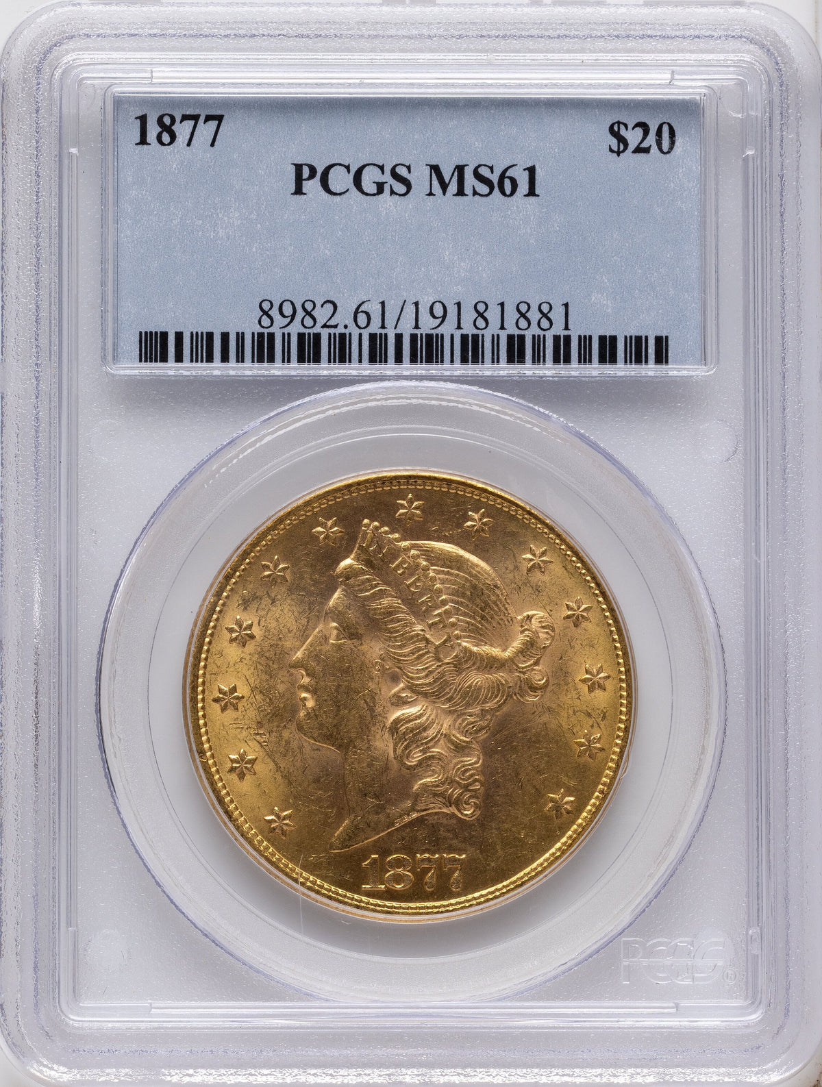 1877 $20 Blue Label Liberty Double Eagle PCGS MS61