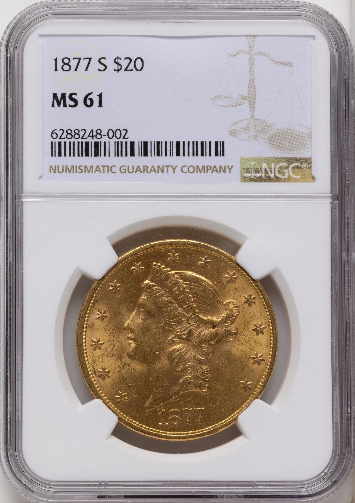 1877-S $20 Brown Label Liberty Double Eagle NGC MS61