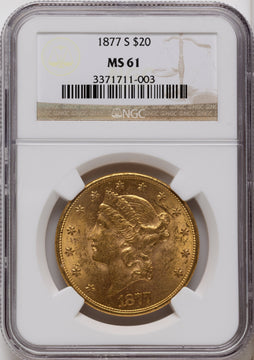 1877-S $20 Brown Label Liberty Double Eagle NGC MS61