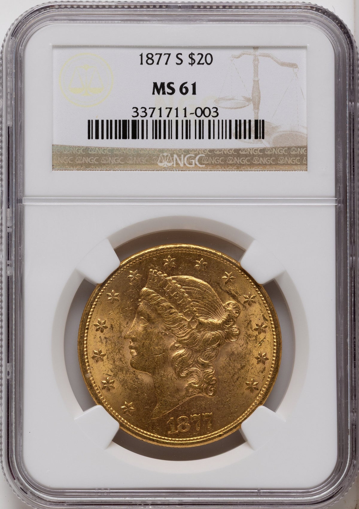 1877-S $20 Brown Label Liberty Double Eagle NGC MS61
