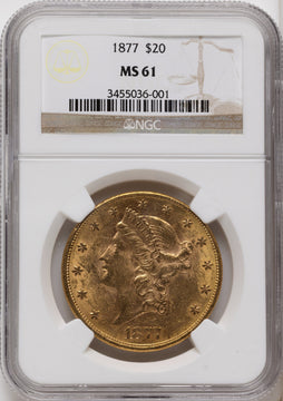 1877 $20 Brown Label Liberty Double Eagle NGC MS61