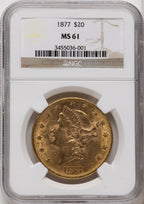 1877 $20 Brown Label Liberty Double Eagle NGC MS61