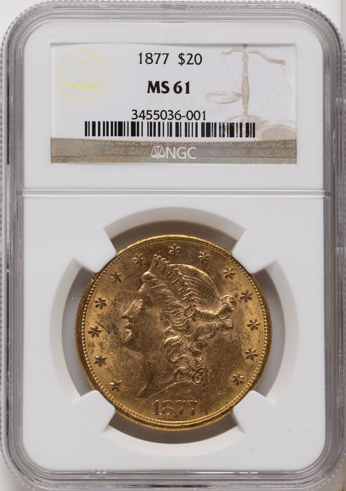 1877 $20 Brown Label Liberty Double Eagle NGC MS61