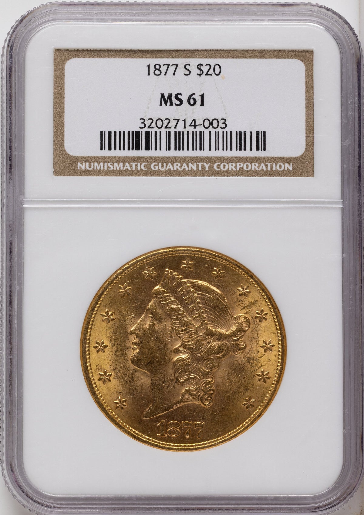 1877-S $20 Brown Label Liberty Double Eagle NGC MS61