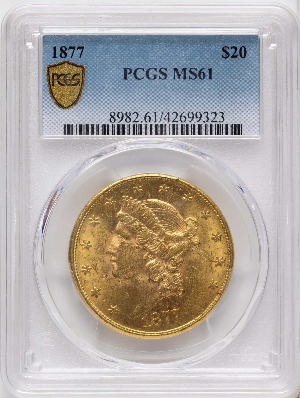1877 $20 Blue Gradient Liberty Double Eagle PCGS MS61