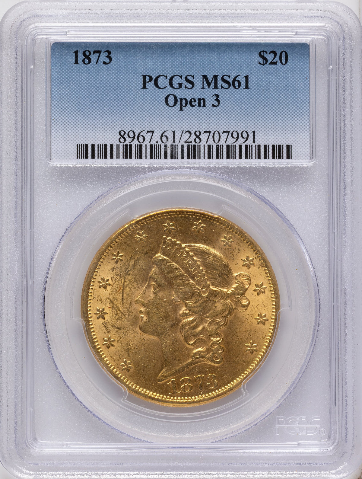 1873 $20 OPEN 3 Blue Gradient Liberty Double Eagle PCGS MS61