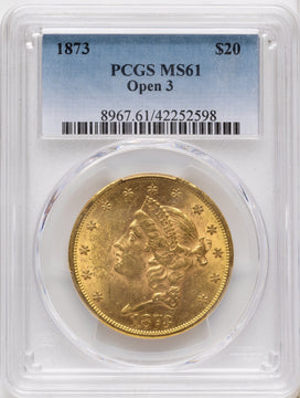 1873 $20 OPEN 3 Blue Gradient Liberty Double Eagle PCGS MS61