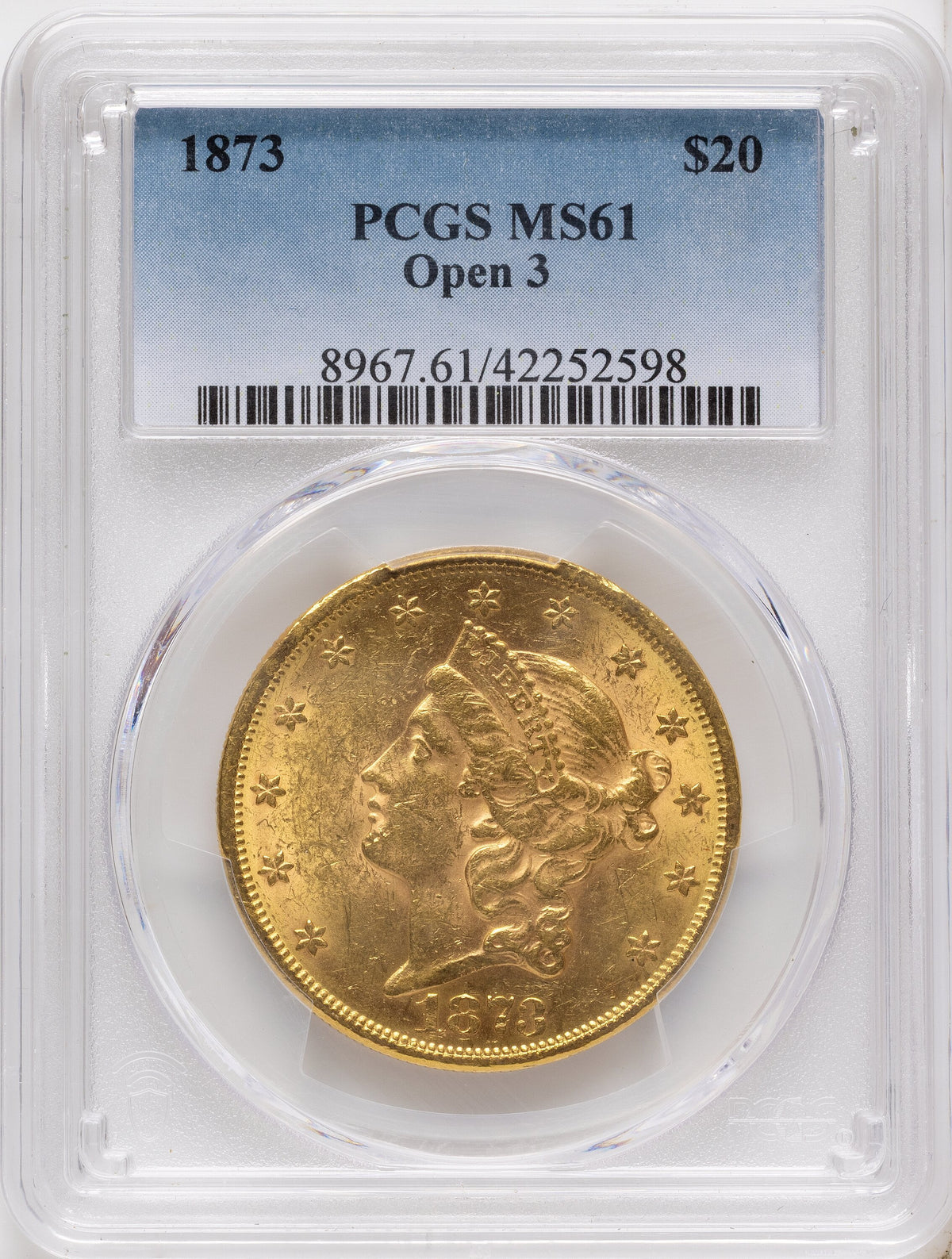 1873 $20 OPEN 3 Blue Gradient Liberty Double Eagle PCGS MS61