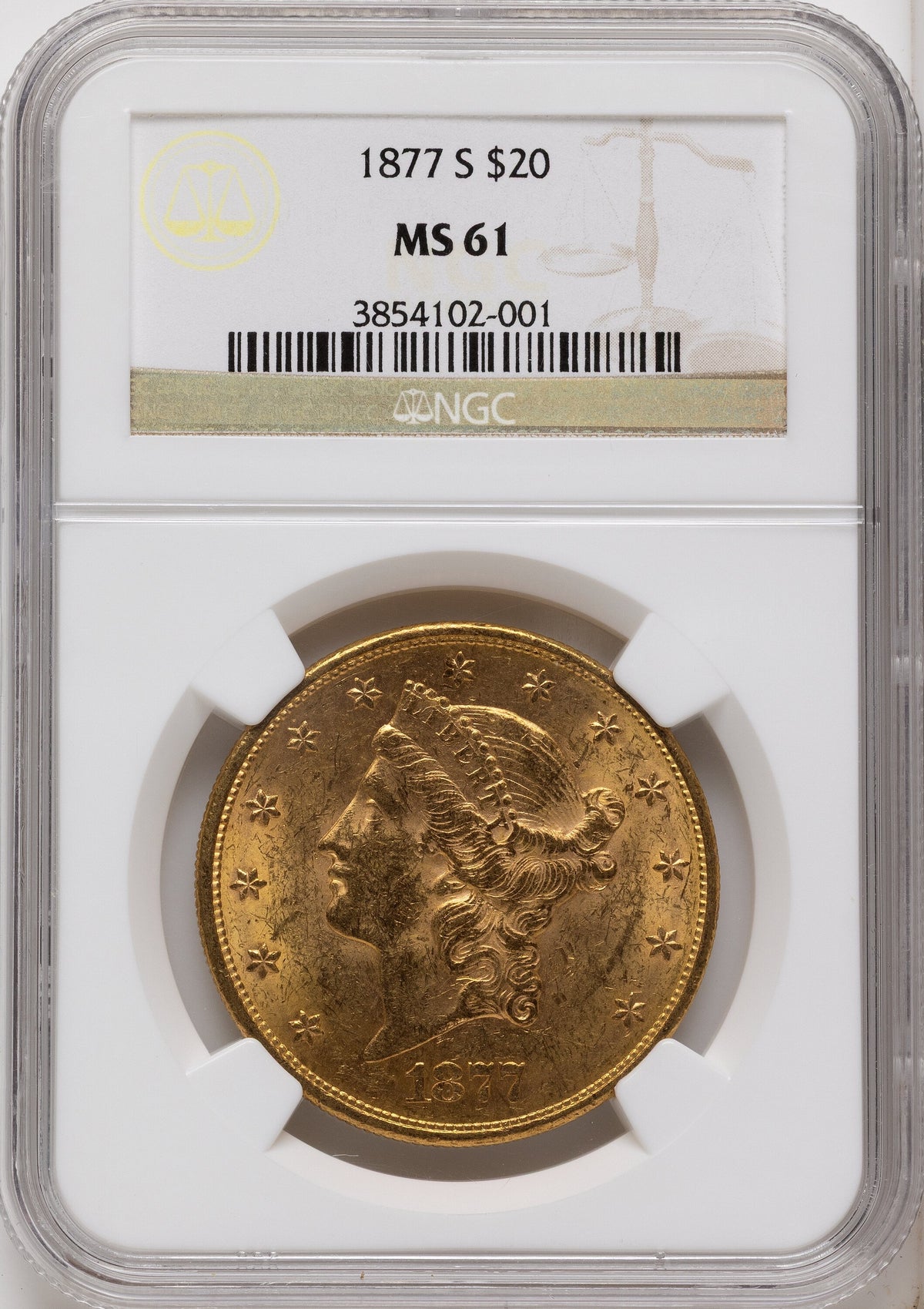 1877-S $20 Brown Label Liberty Double Eagle NGC MS61