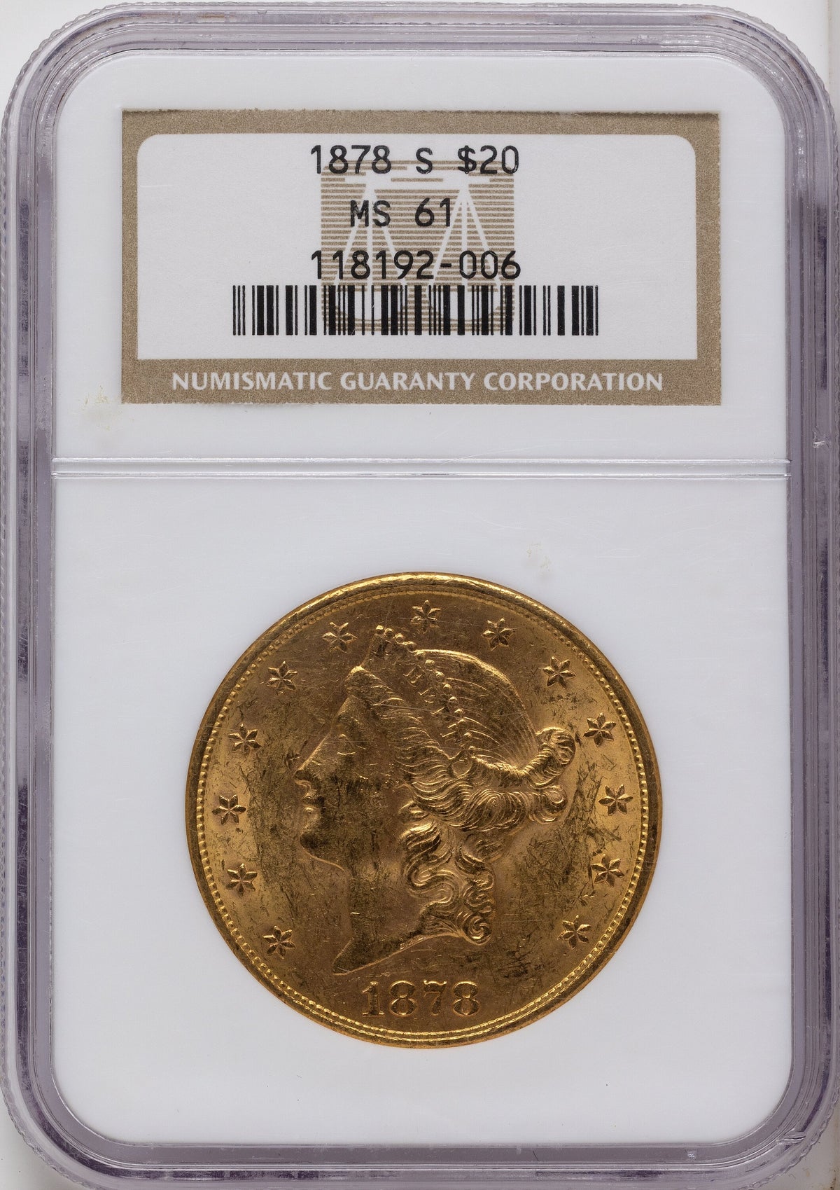 1878-S $20 Brown Label Liberty Double Eagle NGC MS61