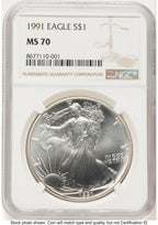1991 Silver Eagle Brown Label NGC MS70