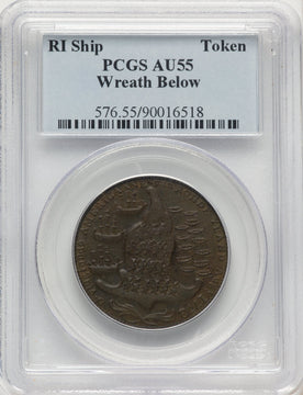 RI SHIP Rhode Island Ship Token Wreath Below Copper BN Colonials PCGS AU55