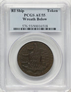 RI SHIP Rhode Island Ship Token Wreath Below Copper BN Colonials PCGS AU55