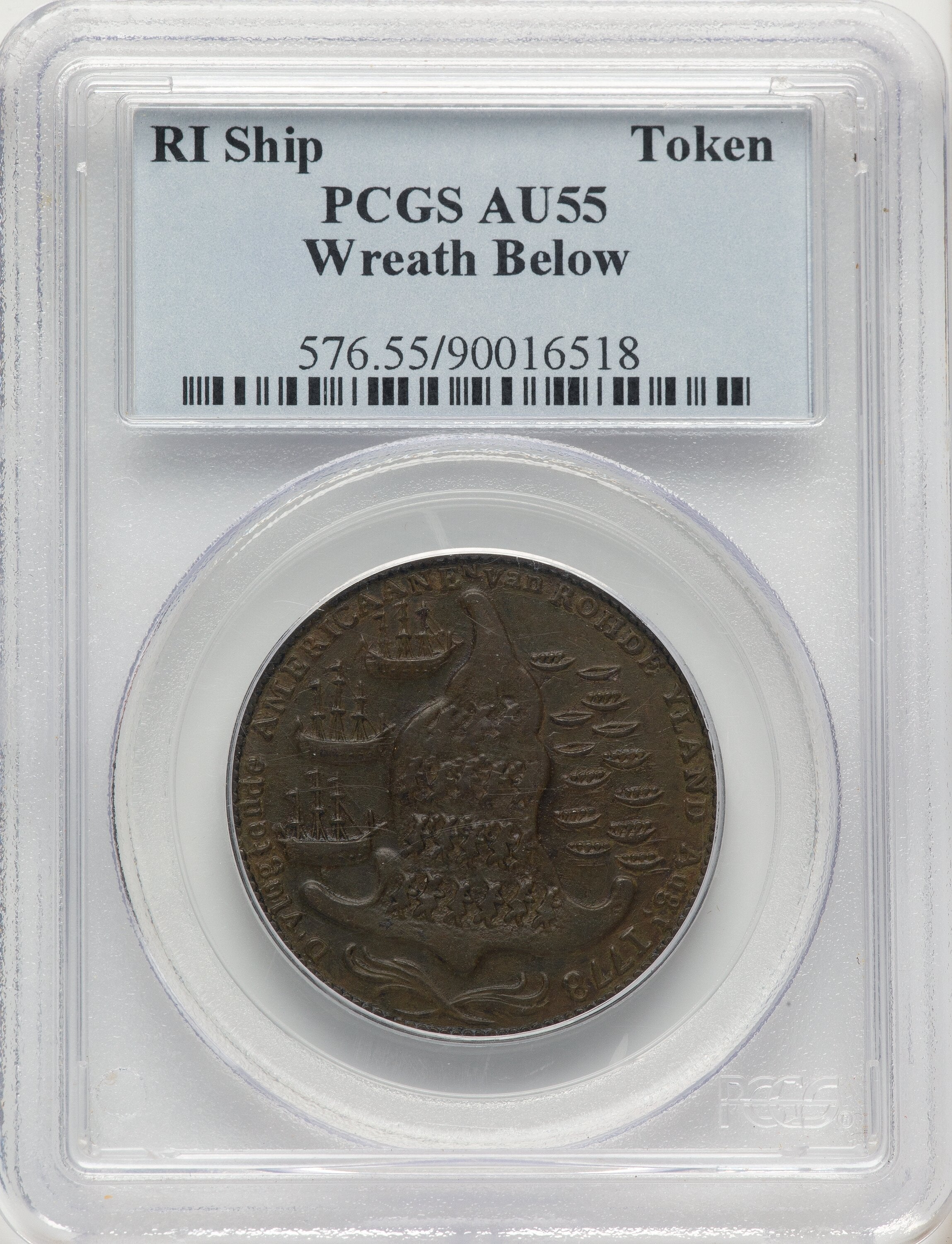 RI SHIP Rhode Island Ship Token Wreath Below Copper BN Colonials PCGS AU55