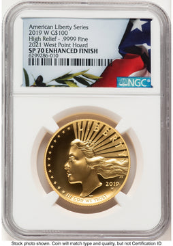 2019-W G$100 American Liberty High Relief Enhanced 2021 West Point Mint Hoard Bunting Flag NGC MS70