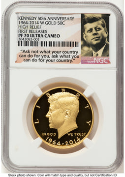 2014-W 50C Gold JFK 50th Anniversary FR JFK Ask Not Label Proof Kennedy Half Dollar NGC PR70