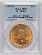 1908-D $20 NO MOTTO Saint-Gaudens Double Eagle PCGS MS65