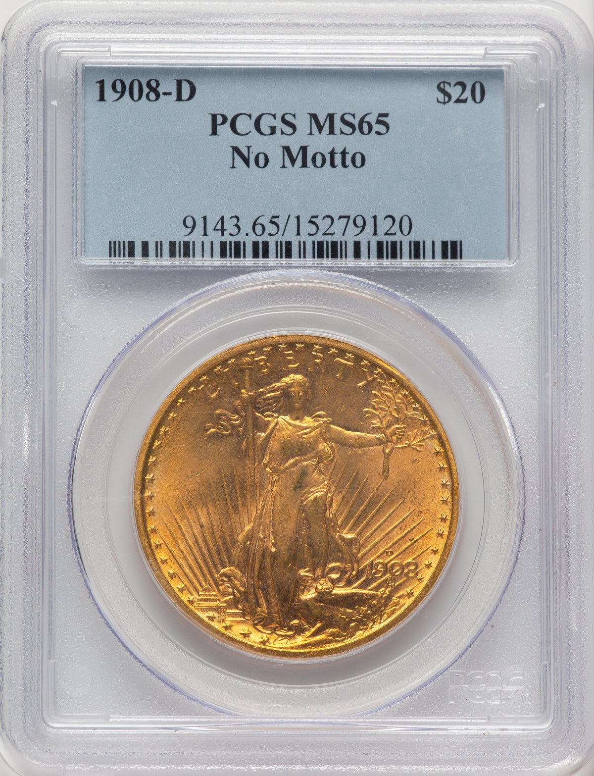 1908-D $20 NO MOTTO Saint-Gaudens Double Eagle PCGS MS65