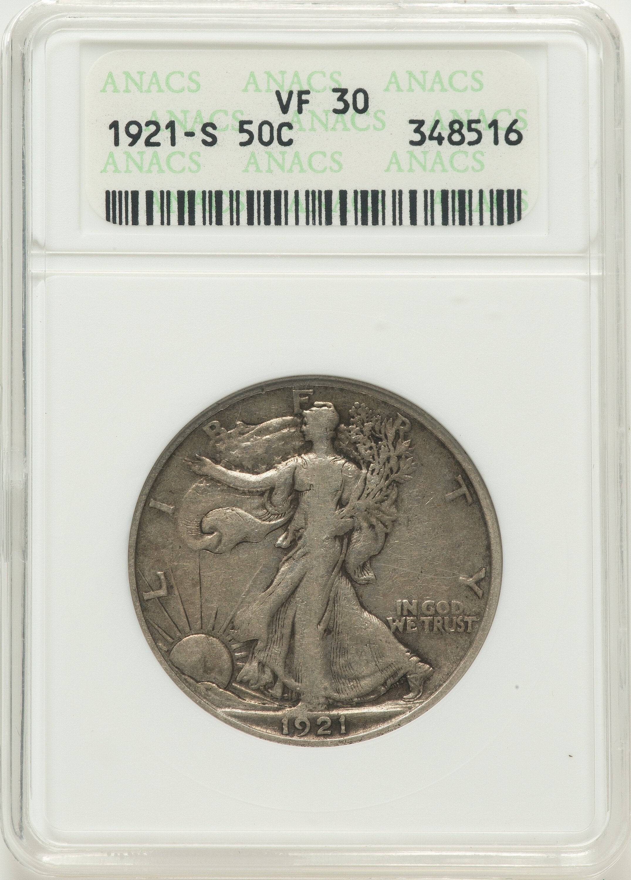 1921-S 50C Walking Liberty Half Dollar ANACS VF30