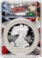 2026-W Proof Silver Eagle 1 oz First Day of Delivery Ron Drzewucki Flag Core CACG PR70