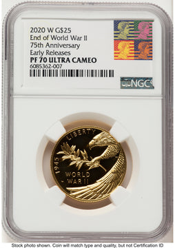 2020-W 1/2 oz Proof Gold End of World War II 75th Anniversary ER Reagan Bust Art NGC PF70