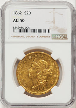 1862 $20 Brown Label Liberty Double Eagle NGC AU50
