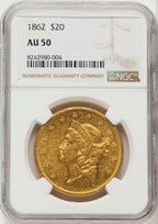1862 $20 Brown Label Liberty Double Eagle NGC AU50