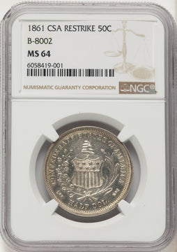 1861 50C Restrike Brown Label Confederate States of America NGC MS64