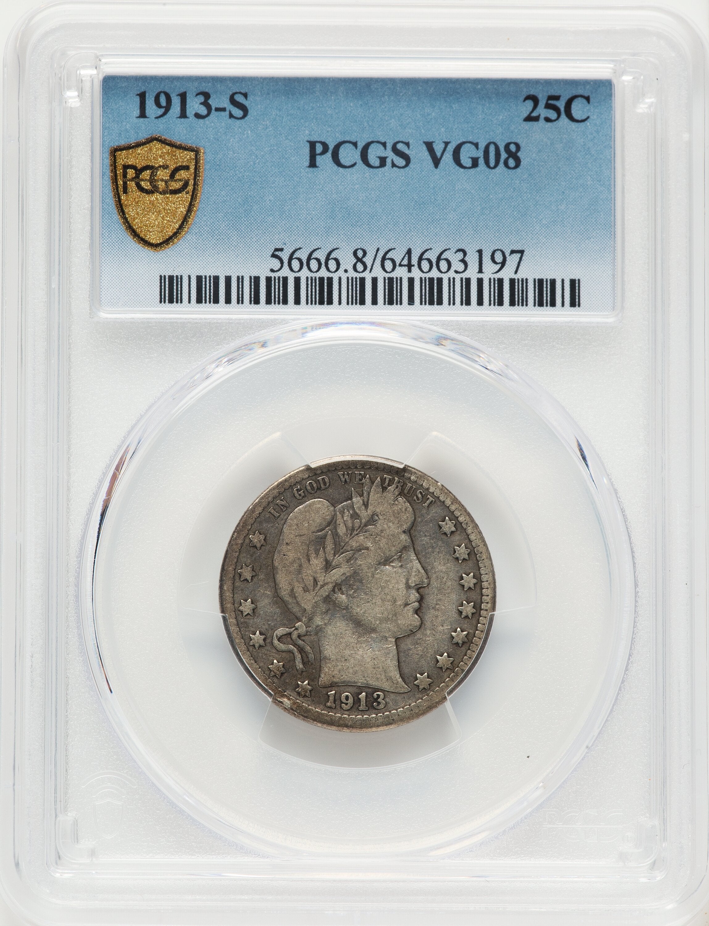 1913-S 25C Barber Quarter PCGS VG8