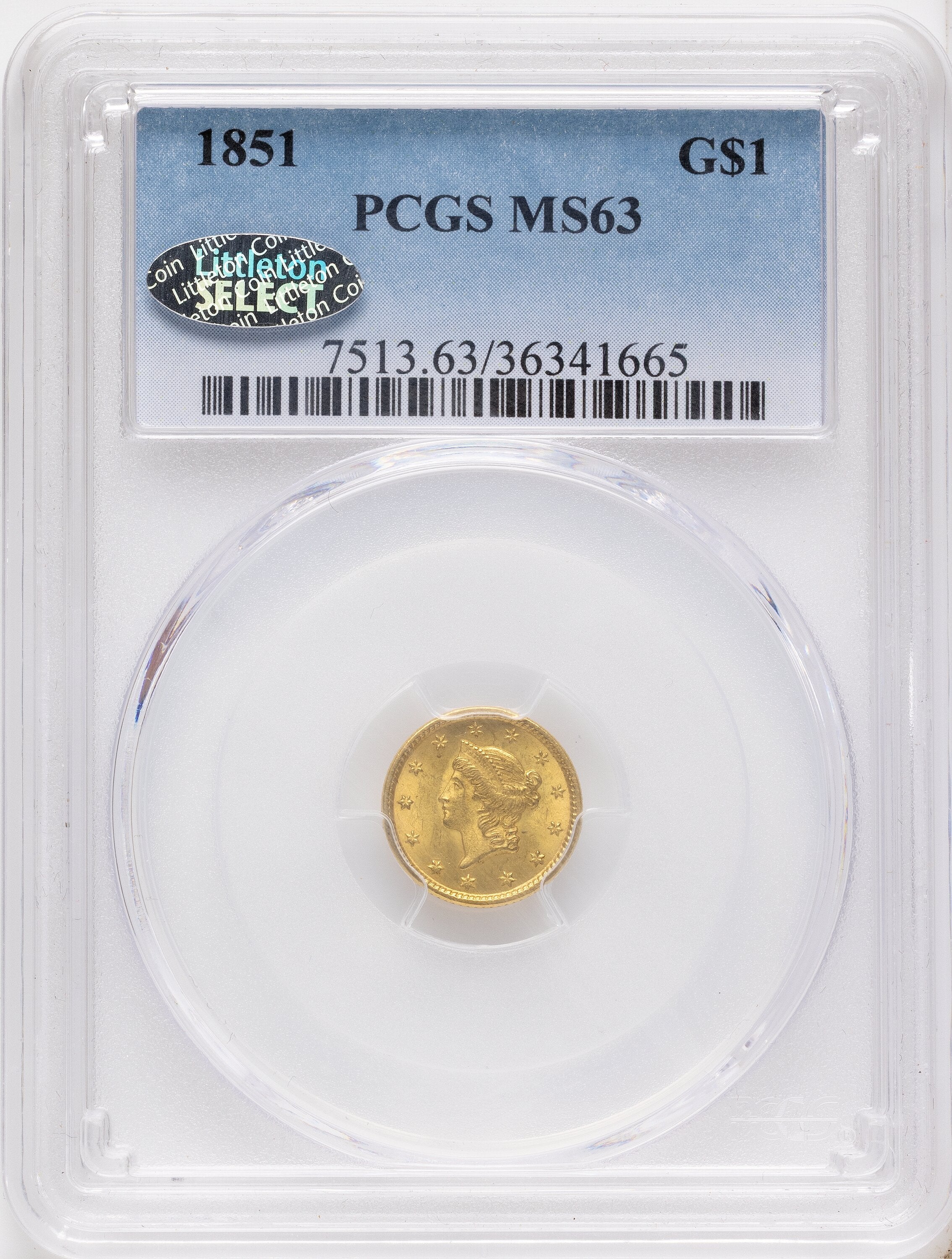 1851 G$1 Gold Dollar PCGS MS63