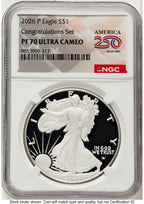 2026-P Proof Silver Eagle Congratulations Set 1 oz America 250 Label NGC PF70