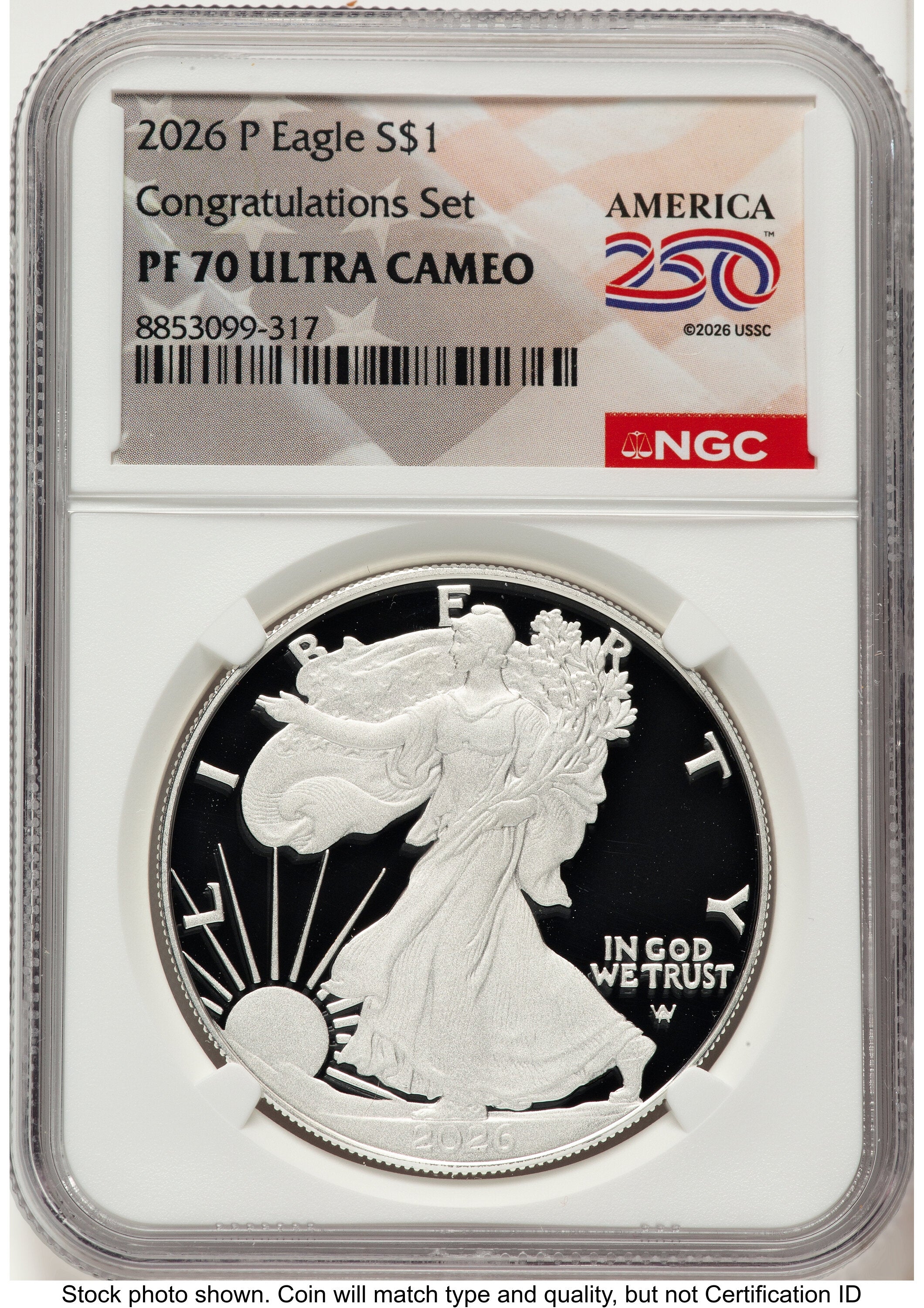 2026-P Proof Silver Eagle Congratulations Set 1 oz America 250 Label NGC PF70