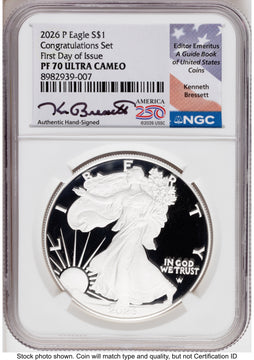 2026-P Proof Silver Eagle Congratulations Set 1 oz FDI Kenneth Bressett America 250 NGC PF70
