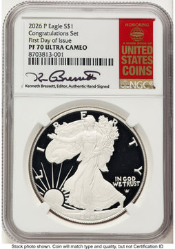 2026-P Proof Silver Eagle Congratulations Set 1 oz FDI Kenneth Bressett Red Book NGC PF70
