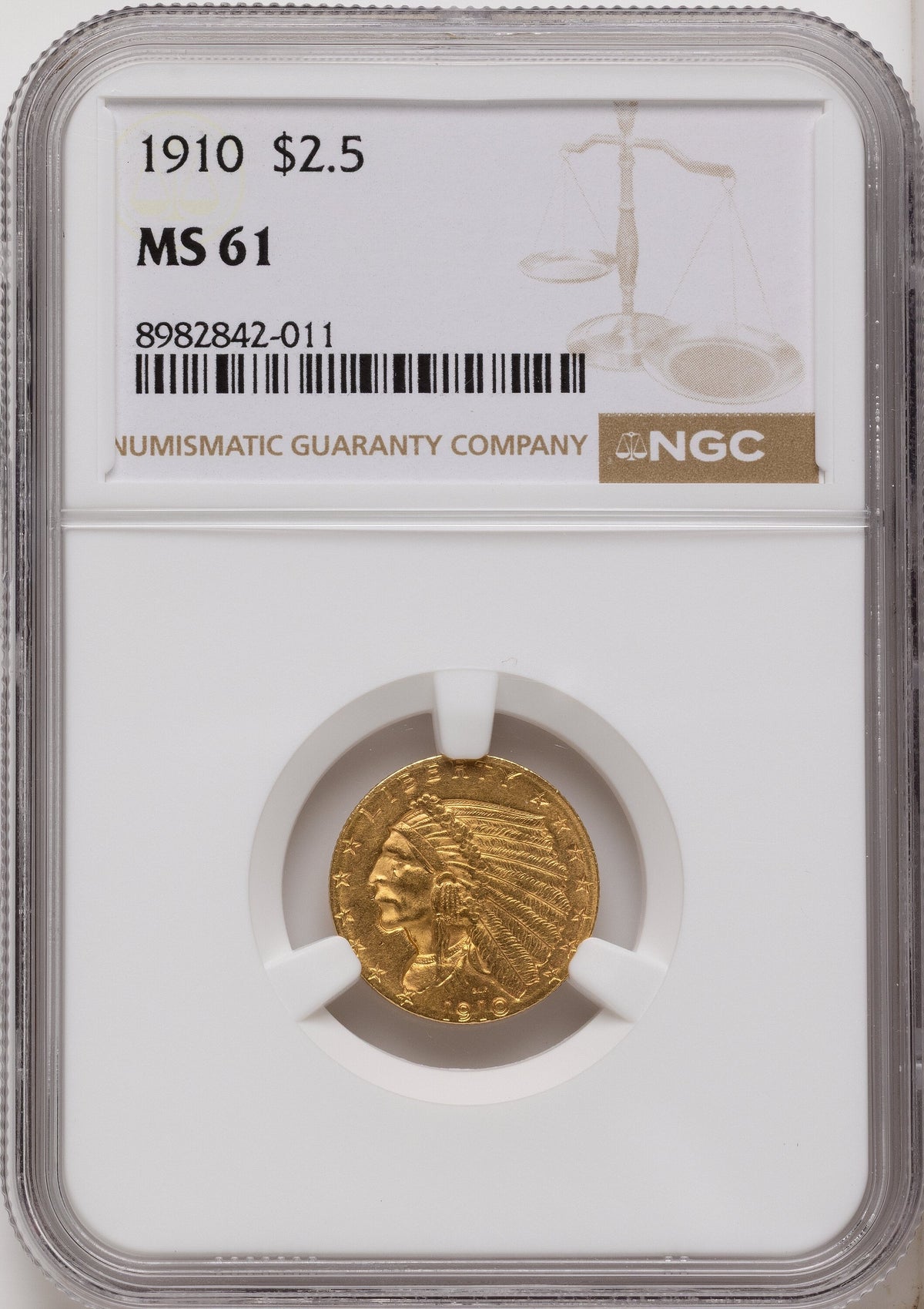 1910 $2.50 Indian Quarter Eagle NGC MS61