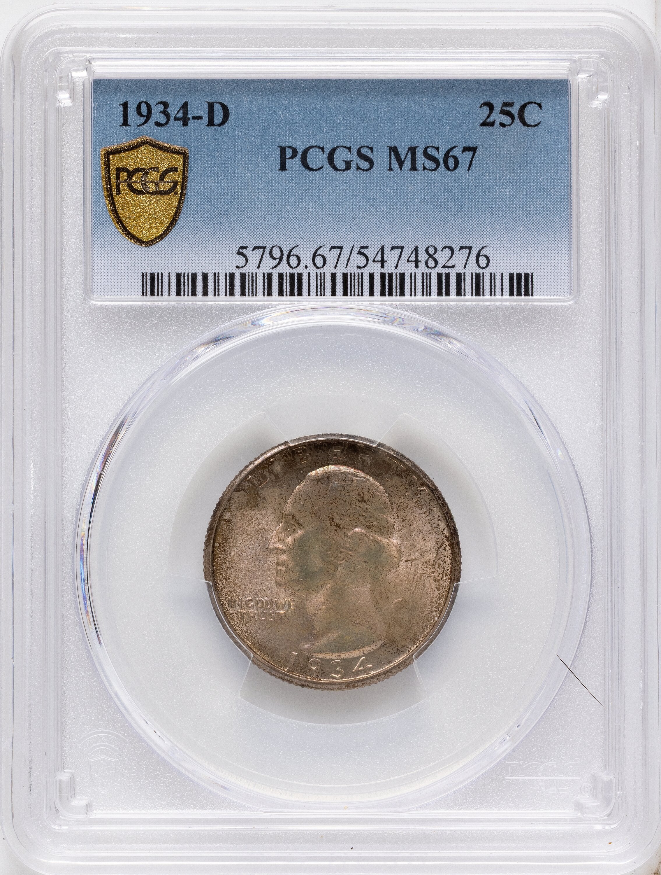 1934-D 25C Medium Motto Washington Quarter PCGS MS67