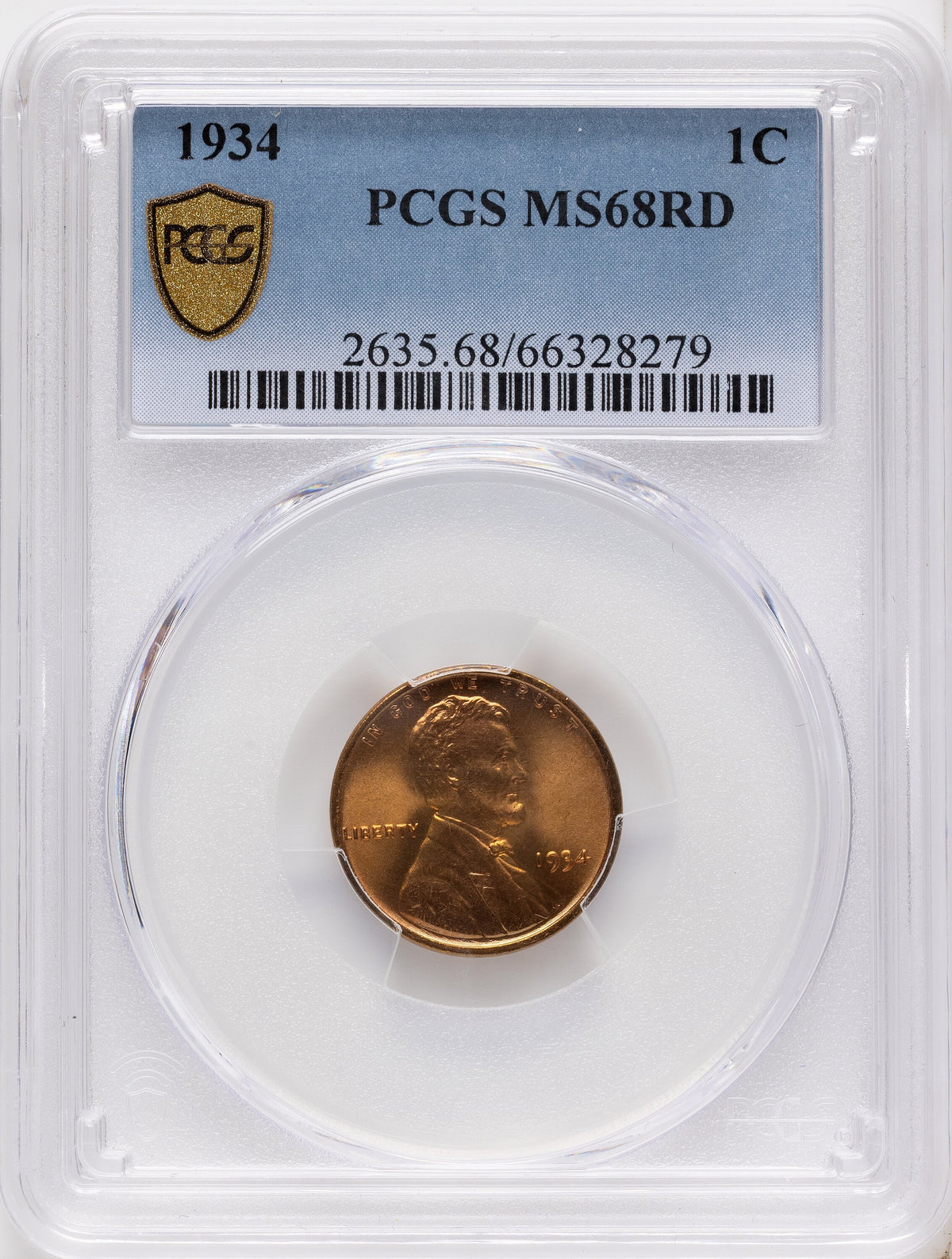 1934 1C RD Lincoln Cent PCGS MS68