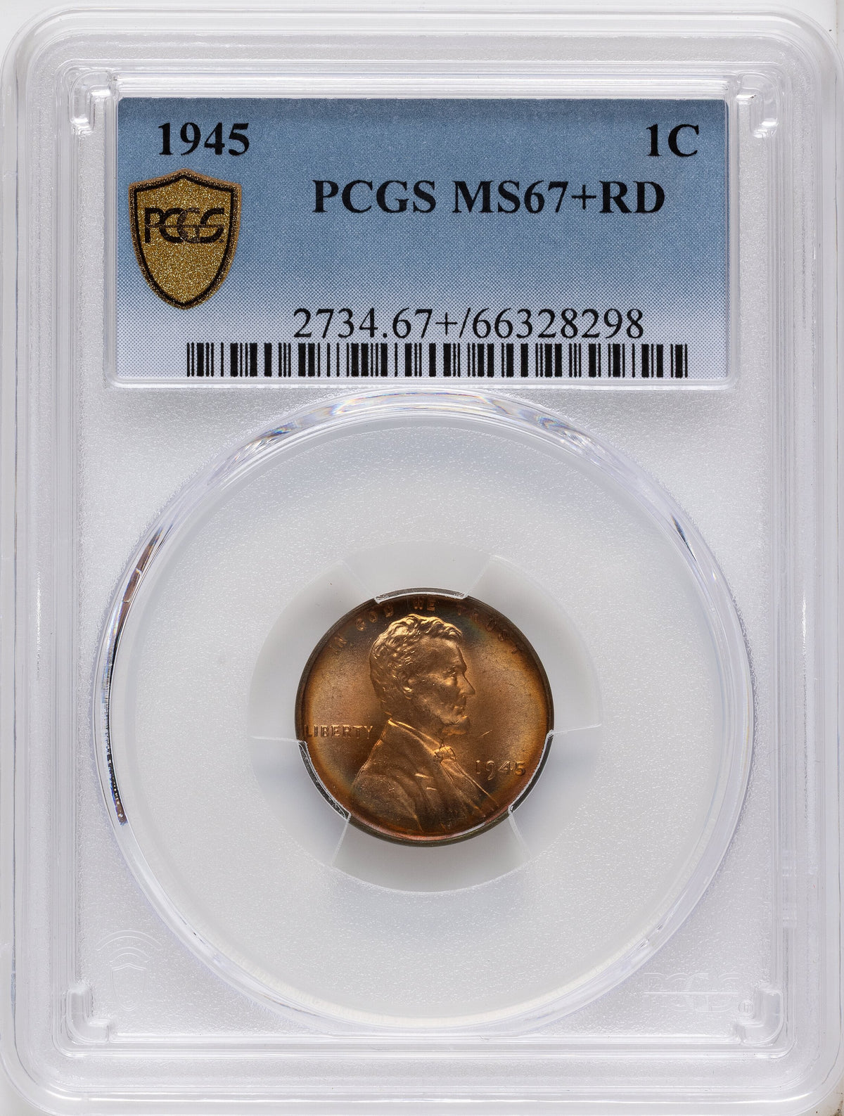 1945 1C RD Lincoln Cent PCGS MS67+