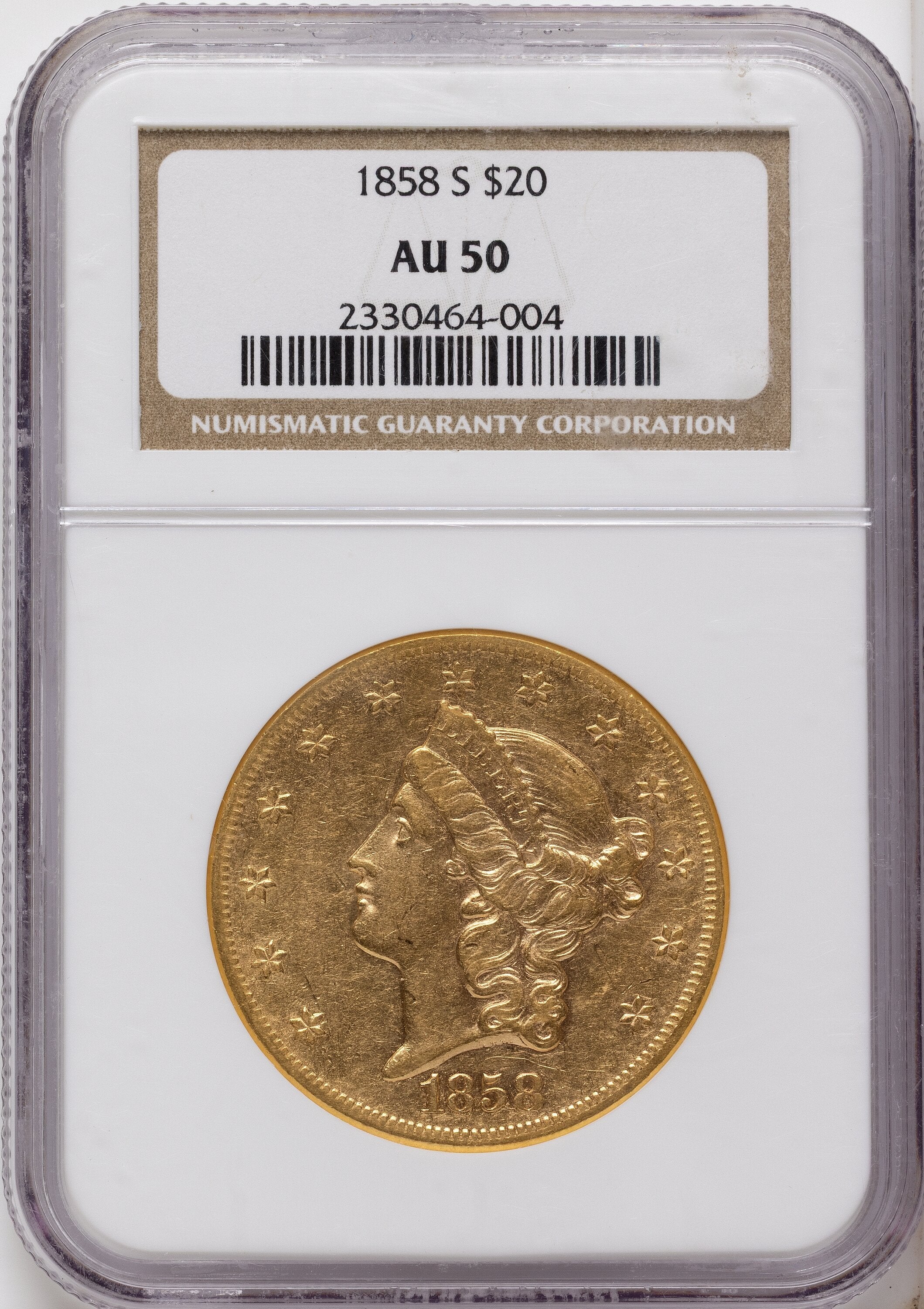 1858-S $20 Liberty Double Eagle NGC AU50