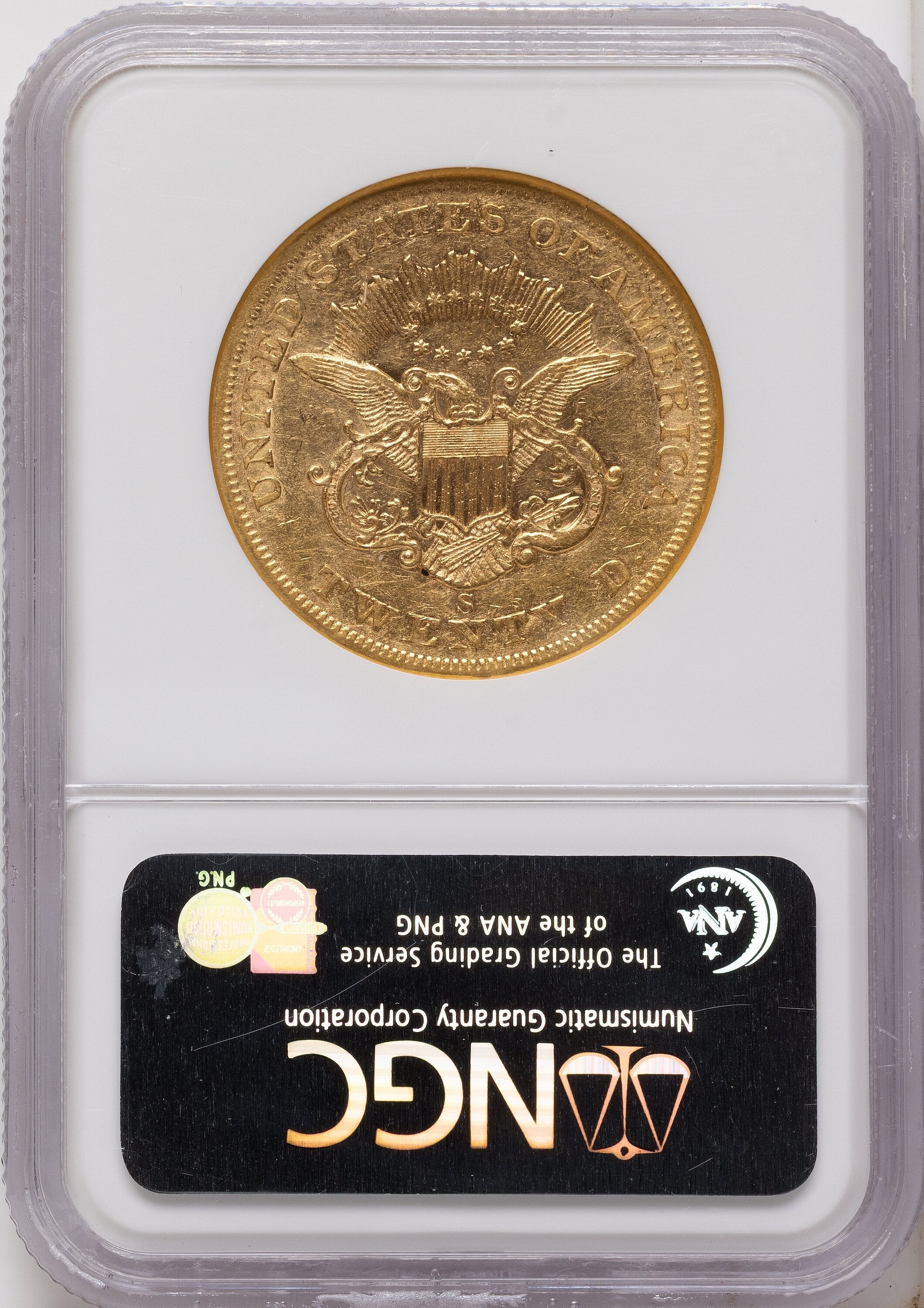 1858-S $20 Liberty Double Eagle NGC AU50
