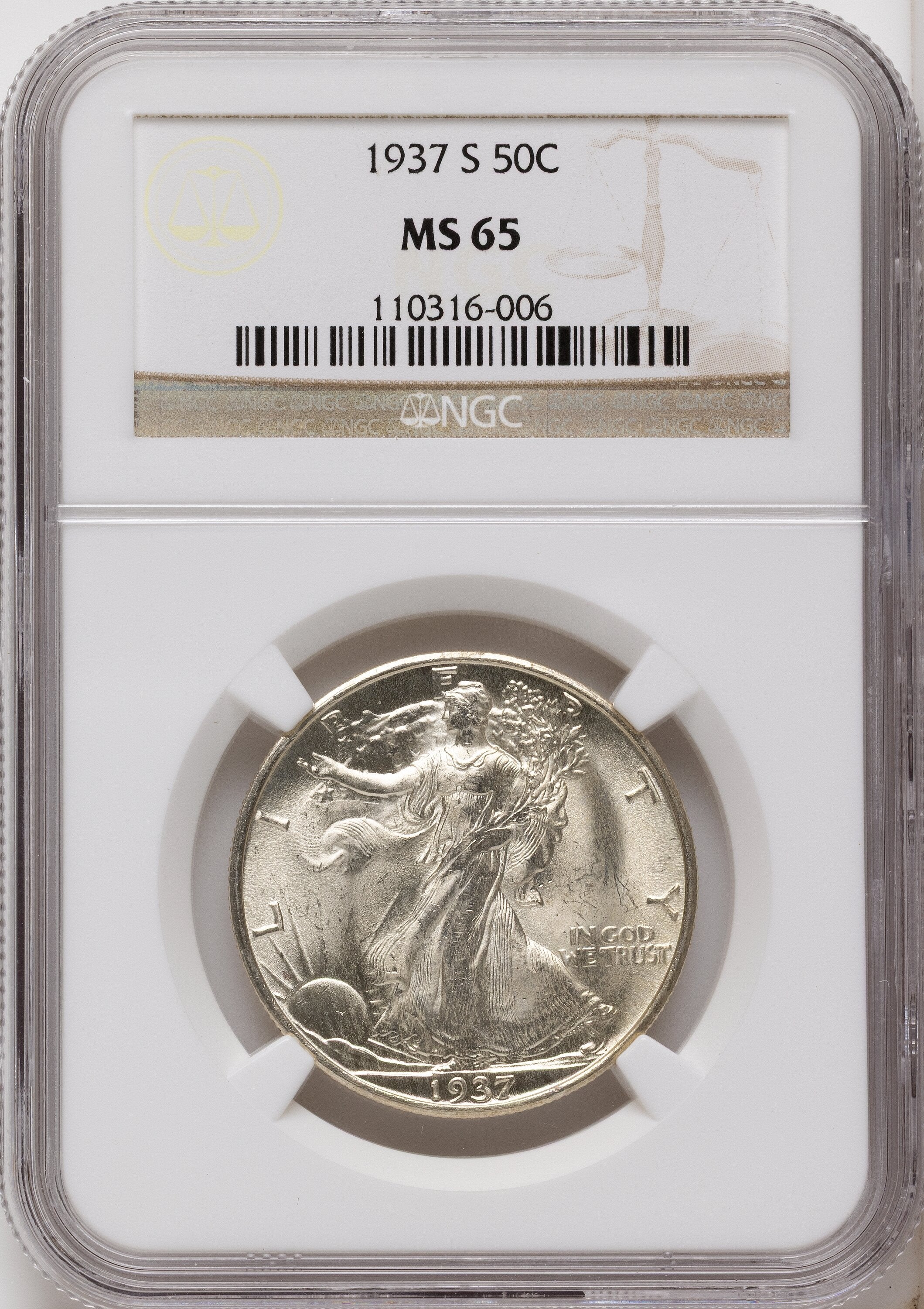 1937-S 50C Walking Liberty Half Dollar NGC MS65
