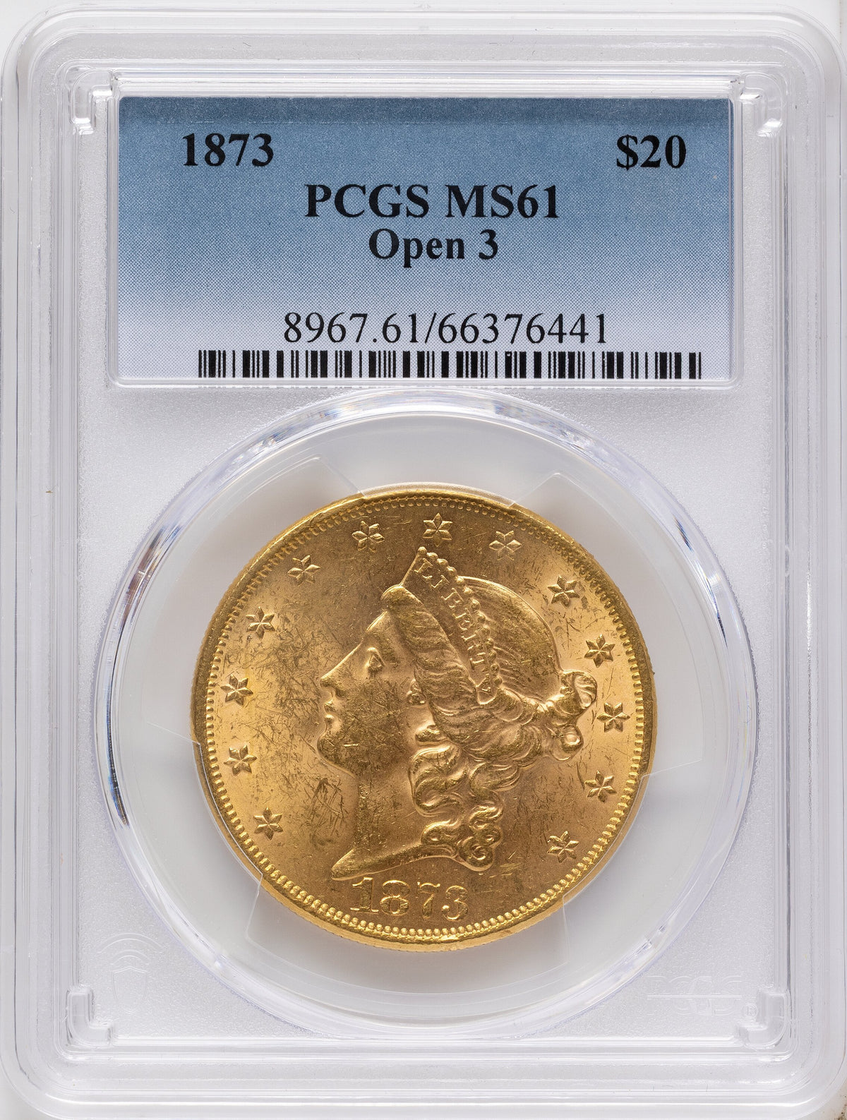 1873 $20 OPEN 3 Liberty Double Eagle PCGS MS61