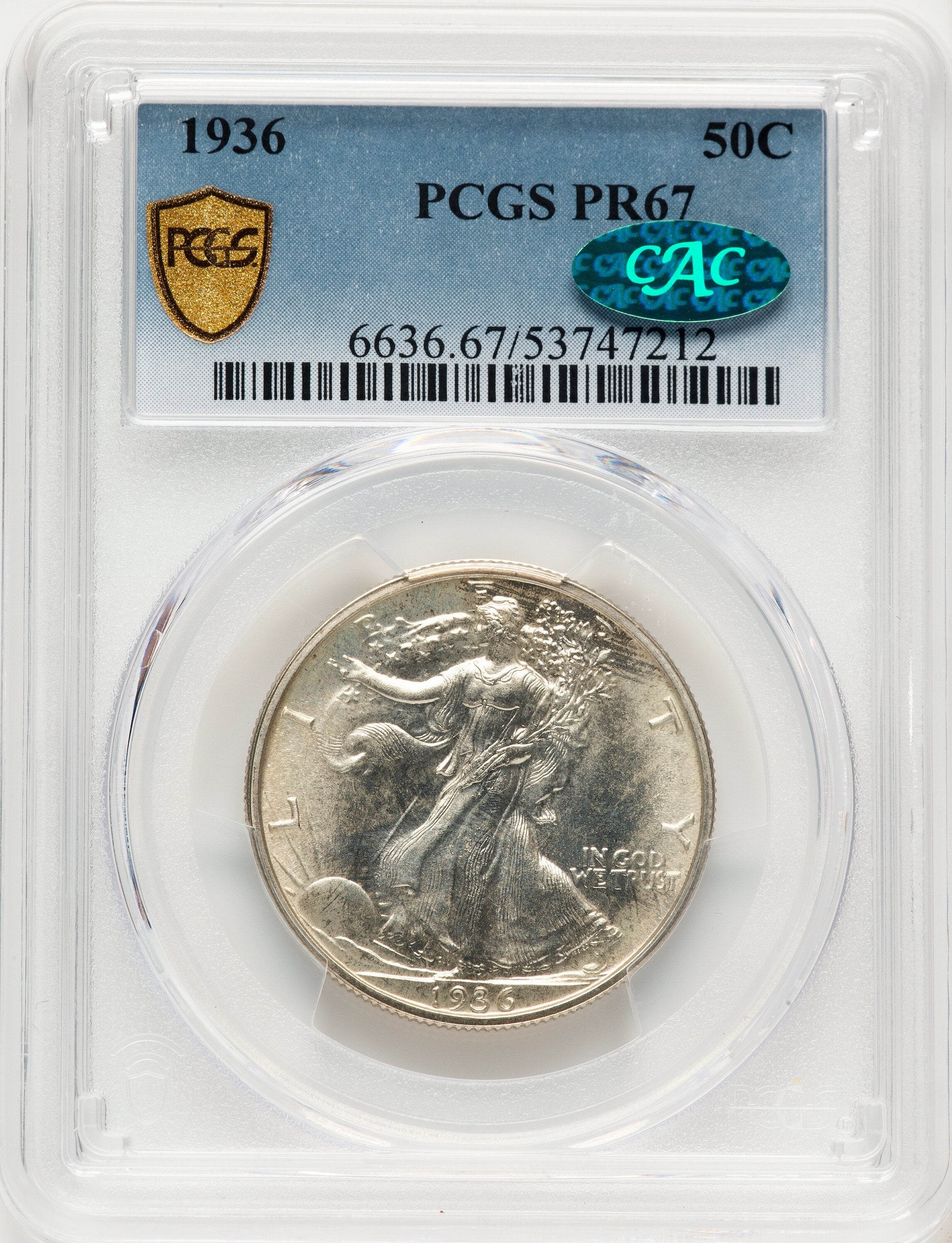 1936 50C CAC Proof Walking Liberty Half Dollar PCGS PR67